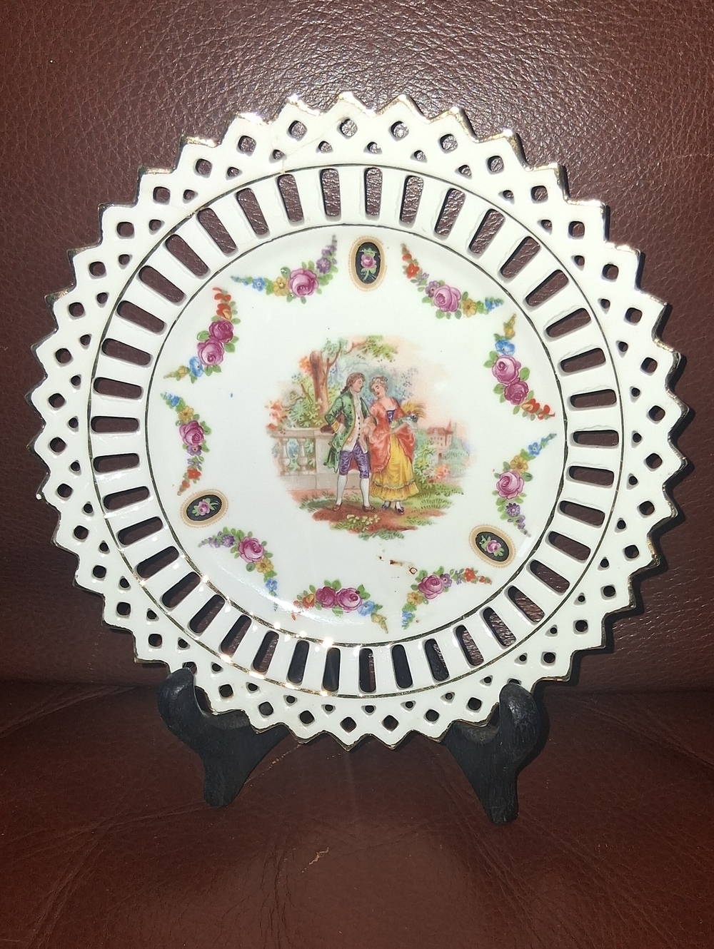 Decorative White Porcelain Plate with Floral Romance Scene Germany